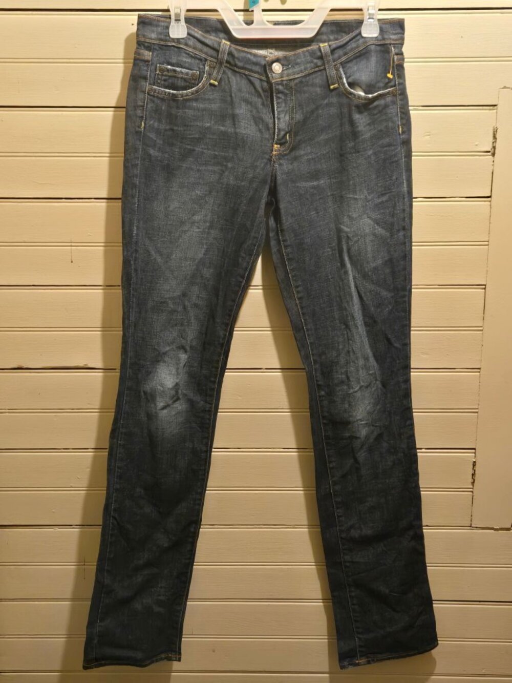 X2 Jeans Womens 28 Low Rise Straight Leg Dark Blue Faded Distressed Made in CA